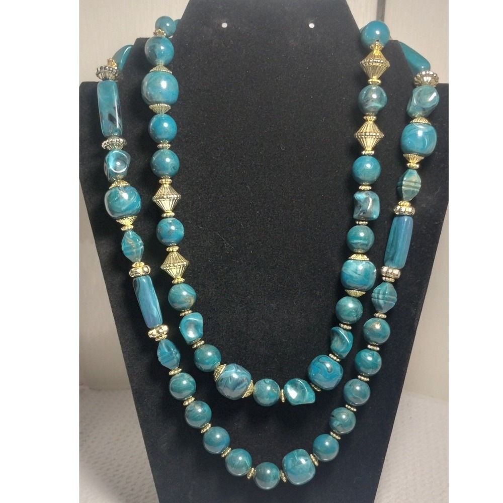 Vintage Teal Blue Lucite Double Strand Beaded Necklace Gold Tone MCM 22in